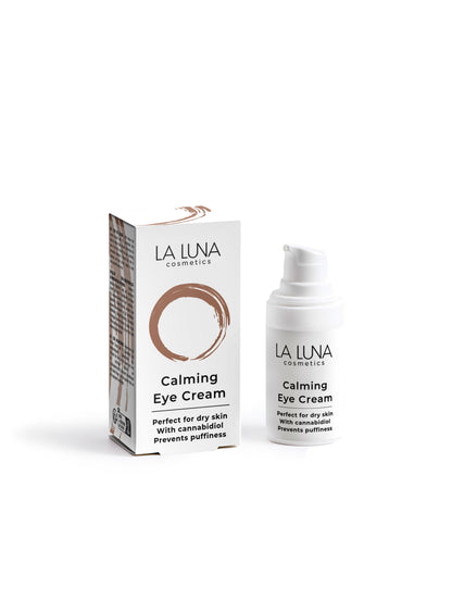 La Luna Calming Eye Cream – lightweight eye cream with 1% Cannabidiol, Aloe Juice & Hyaluronic Acid to reduce puffiness, dark circles, and hydrate the delicate skin around the eyes.
