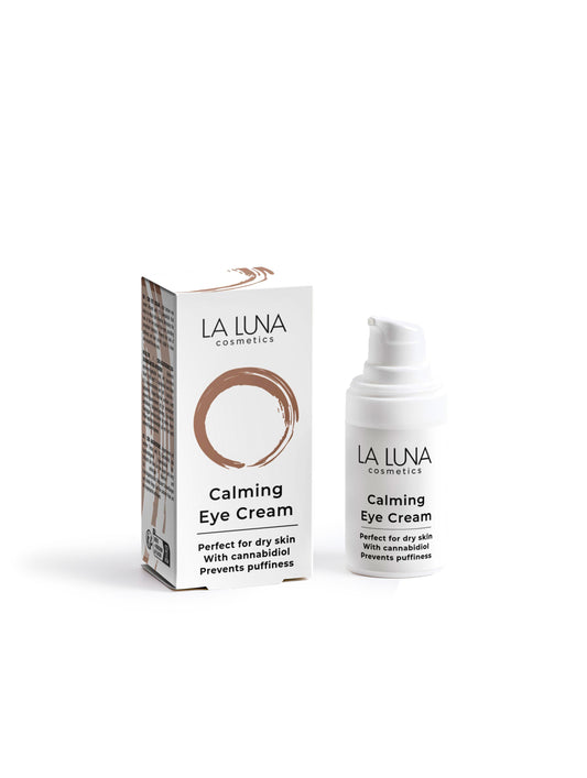 La Luna Calming Eye Cream – lightweight eye cream with 1% Cannabidiol, Aloe Juice & Hyaluronic Acid to reduce puffiness, dark circles, and hydrate the delicate skin around the eyes.
