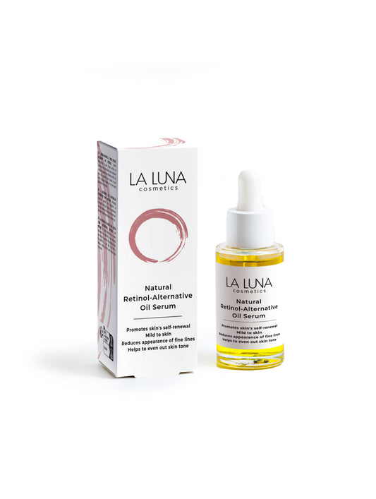 La Luna Natural Retinol-Alternative Oil Serum – A vegan, anti-aging facial oil infused with bakuchiol, rosehip oil, and jojoba oil. Smooths fine lines, boosts skin renewal, and enhances elasticity for a youthful, radiant glow. Suitable for all skin types, including mature, dry, and uneven skin tones.  
